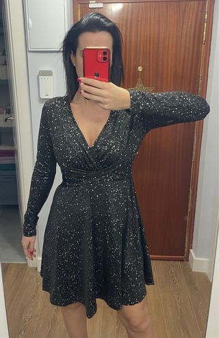 Vestido fiesta elástico negro y plata