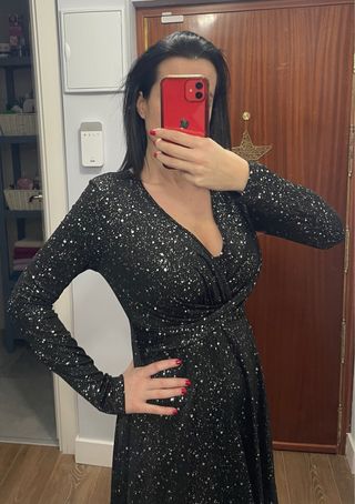 Vestido fiesta elástico negro y plata