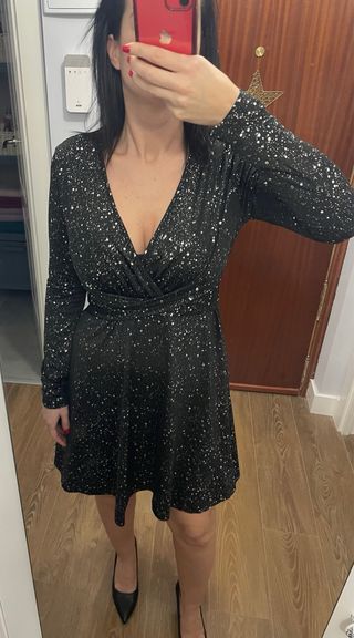 Vestido fiesta elástico negro y plata
