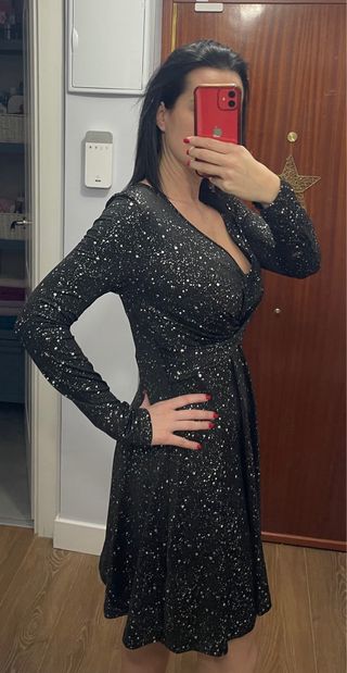 Vestido fiesta elástico negro y plata