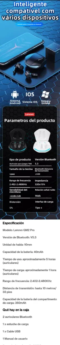 Auriculares Bluetooth 5.3 Lenovo GM2 PRO Negros