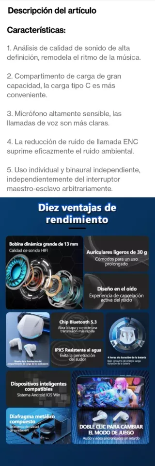 Auriculares Bluetooth 5.3 Lenovo GM2 PRO Negros