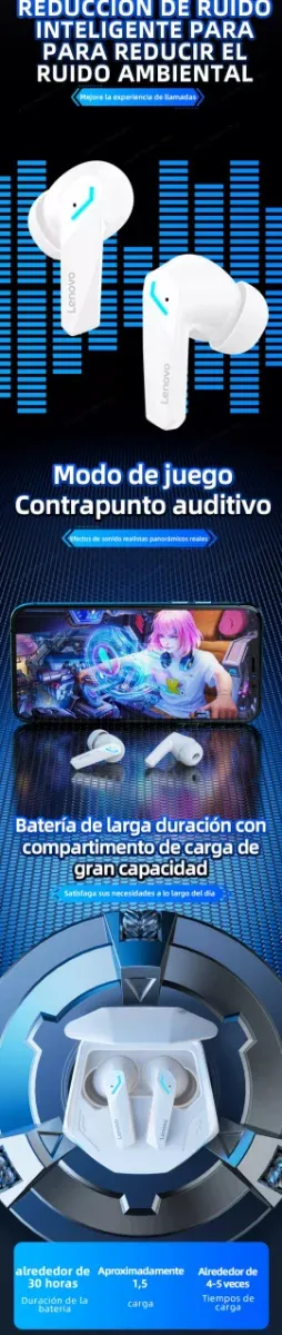 Auriculares Bluetooth 5.3 Lenovo GM2 PRO Negros