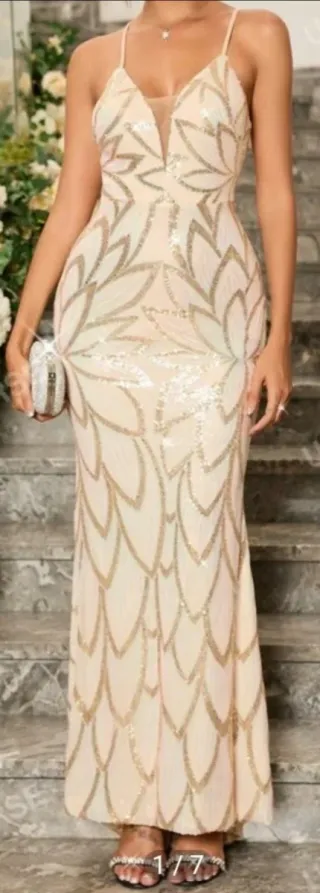 Vestido largo dorado, champagne con lentejuelas