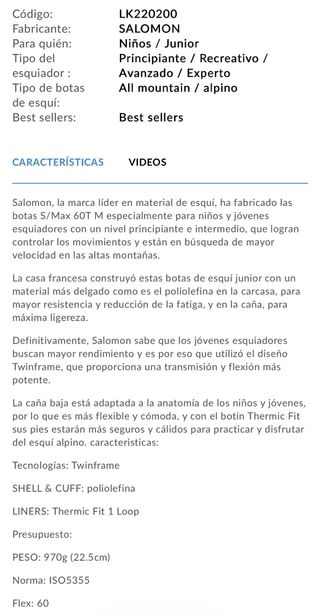 Botas de esquí Salomon Talla 20 Infantil