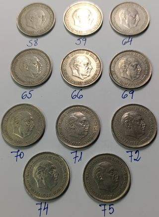Lote 11 monedas 25 ptas. 1957 varias estrellas