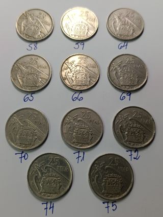 Lote 11 monedas 25 ptas. 1957 varias estrellas