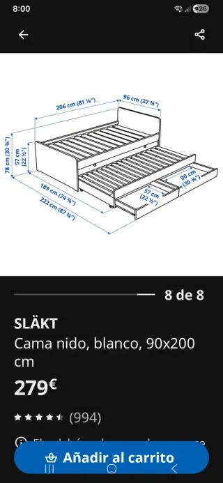 Cama nido IKEA SLÄKT blanca 90x200