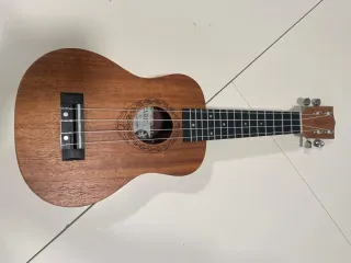 Ukelele marrón con funda y accesorios