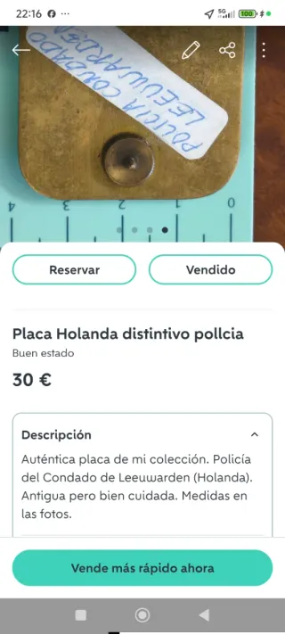 Placa Policía Holanda Antigua Leeuwarden