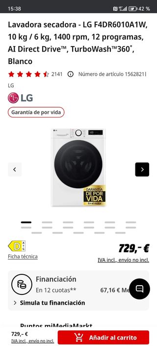 Lavadora Secadora LG 11kg Lavado 6kg Secado Nueva