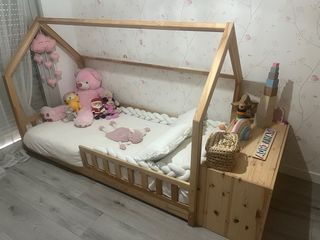Cama Montessori Madera Natural, Colchón, almohada