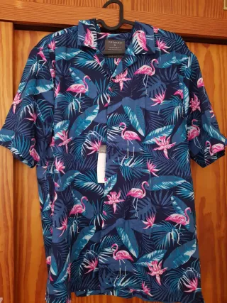 Camisa Hawaiana Flamencos Azul Talla M
