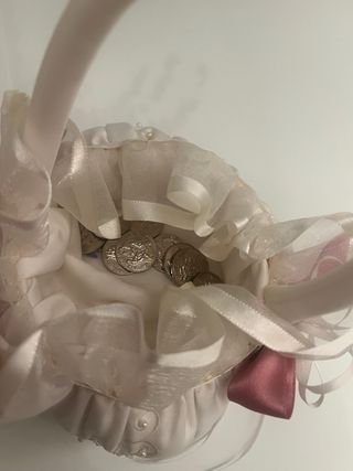 Conjunto cojín, cesta y bolsa arras