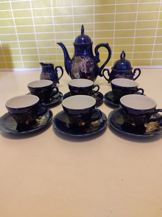 Juego completo de café japonés azul y dorado