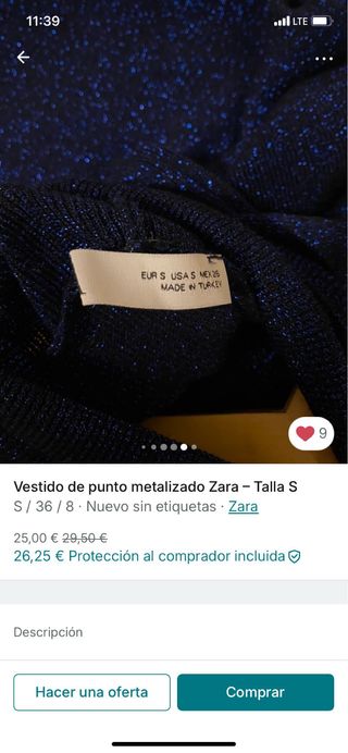 Vestido Zara Hilo Metalizado Azul Talla S