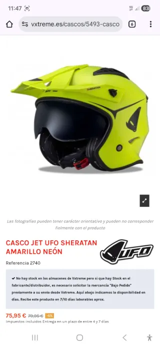 CASCO MOTO JET UFO SHERATAN NEÓN NUEVO TALLA XL
