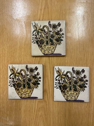 3 Azulejos Antiguos Cestas Flores 10x10
