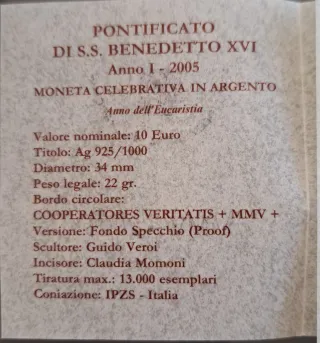 Moneta 10 Euro Argento Città del Vaticano 2005