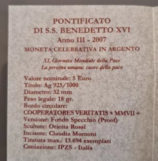 5 Euro Argento Vaticano 2007 Giornata Gioventù