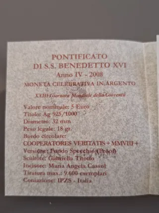 5 Euro Argento Vaticano 2008 Giornata Gioventù