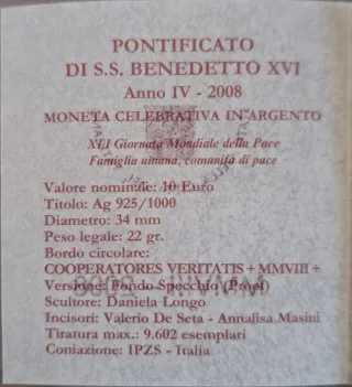 10 Euro Argento Vaticano 2008 Giornata Pace
