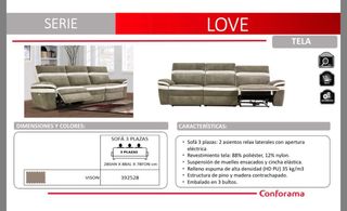 Sofá eléctrico de tela y terciopelo. Gris y beige.