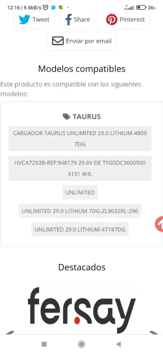 Cargador Taurus HVCA7291B Aspiradora