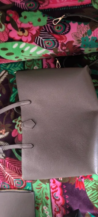 Bolso Piel 100% italiano color topo con Cartera y