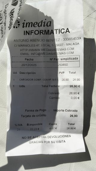 CARGADOR CORRIENTE HP PORTATIL ORIGINAL