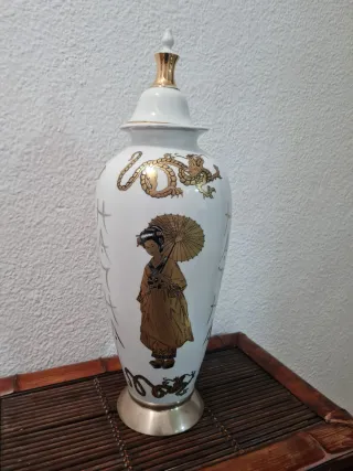 Jarrón porcelana antiguo dragones geisha