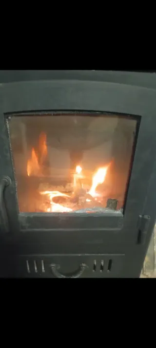 Estufa de leña negra con puerta de cristal