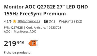 Monitor AOC Negro Q27G2E 27" LED QHD