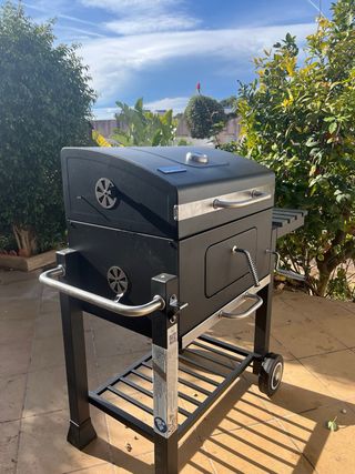 Barbacoa de carbón con tapa y ruedas