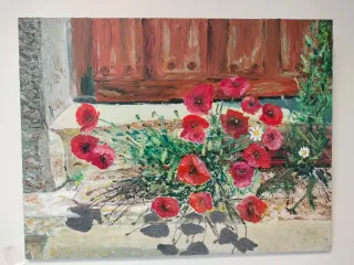 Cuadro óleo amapolas y puerta