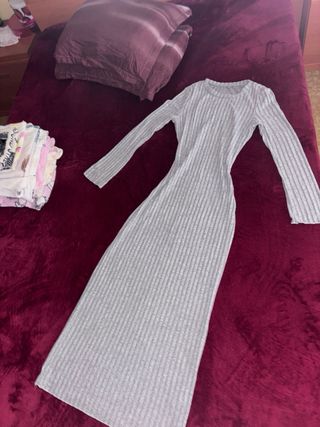 Vestido largo de canalé gris