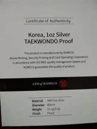1 Onza Plata proof Taekwondo korea 2022