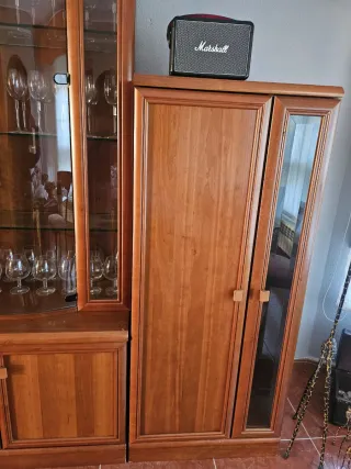 Librería de madera maciza con vitrina