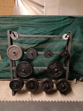 Banco de pesas y polea+ press banca + discos etc