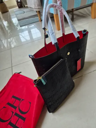 Bolso mujer negro, interior rojo, + cartera. Nuevo