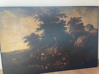 lámina en tabla de madera con barniz. marco negro