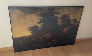 lámina en tabla de madera con barniz. marco negro