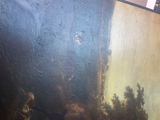 lámina en tabla de madera con barniz. marco negro