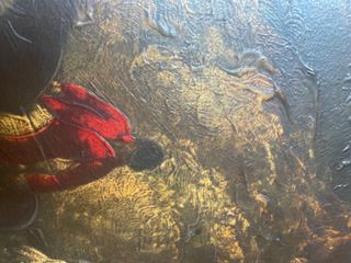 lámina en tabla de madera con barniz. marco negro