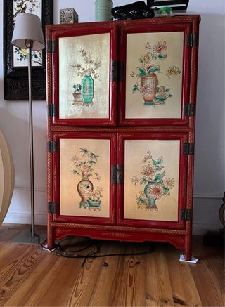 Móvel Chinês Vintage Madeira Vermelho Dourado