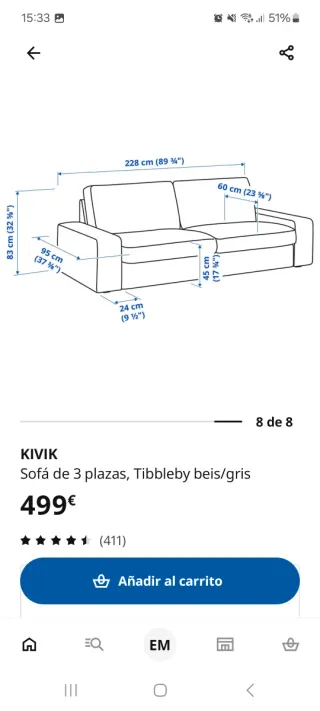 Sofá Kivik 3 plazas gris Ikea - Tibbleby beis/gris