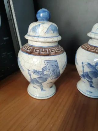 Juego 2 Jarrones Chinos Cerámica Azul Blanco