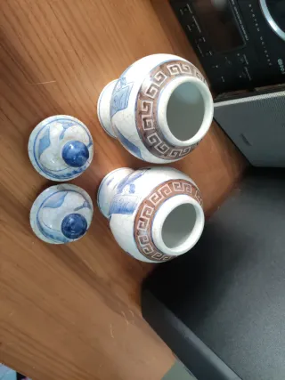 Juego 2 Jarrones Chinos Cerámica Azul Blanco