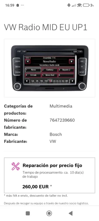 Radio usada en  Volkswagen Touran