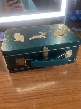 Caja metálica verde y dorada con imanes de animale